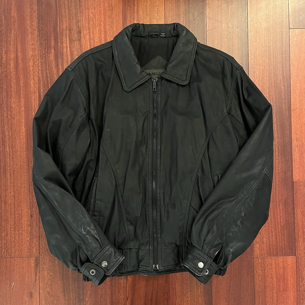 Mirage Bomber Jacket Men Medium Black Leather Trim Y2K Full Zip Biker Coat *